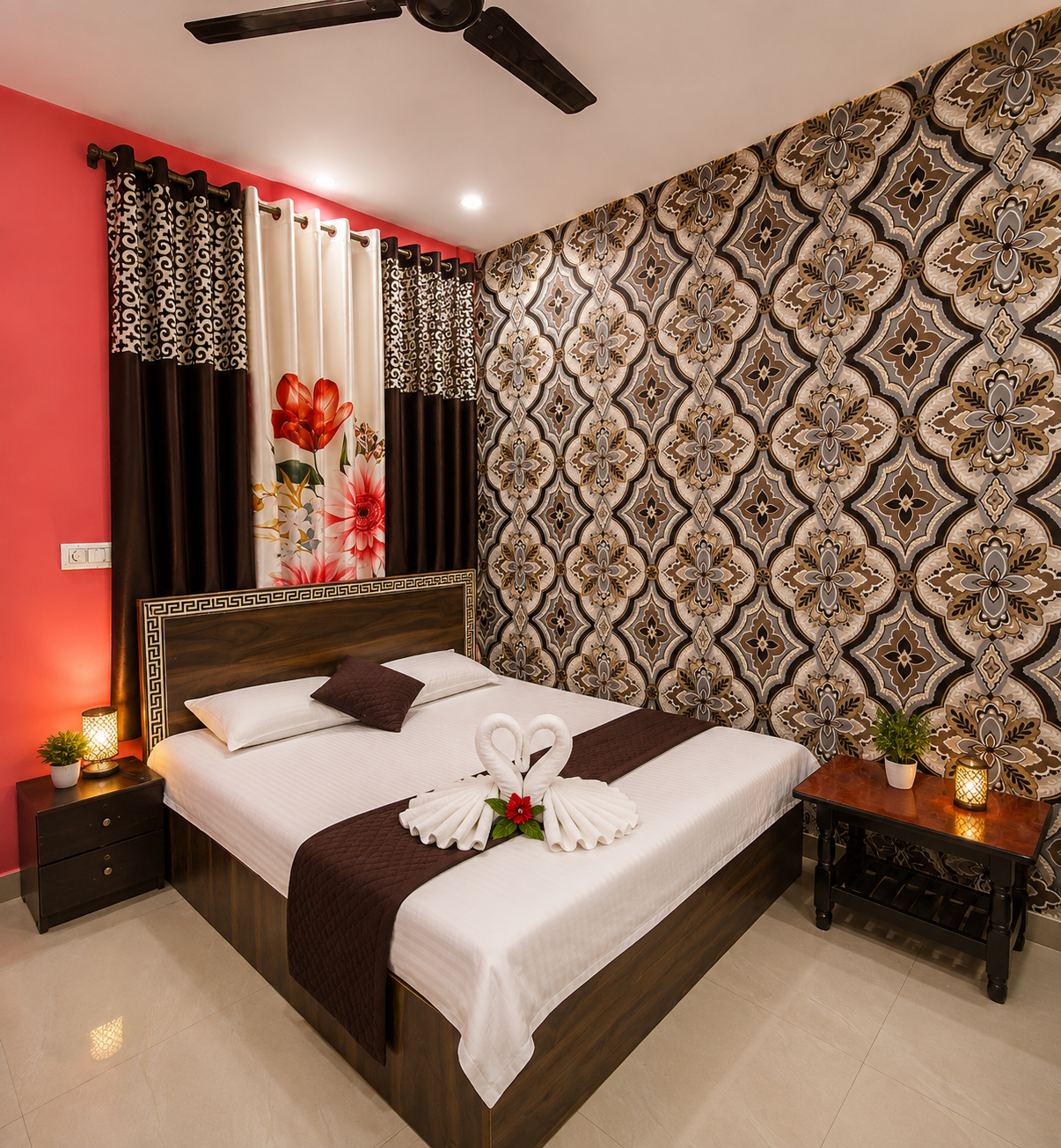 Double bed room with warm brown decor and side tables